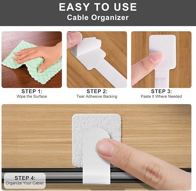 20-Pack Large Reusable Self-Adhesive Cable Ties cable management Adjustable Hook & Loop Straps for Organizing Data Cables, Wires, Headphones Under-Table Cord Management for Home, Office