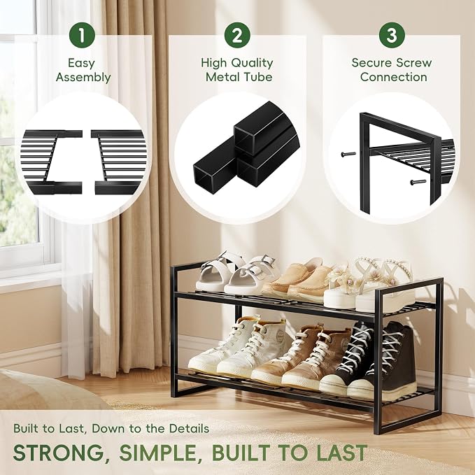 2 Tier Shoe Rack for Closet, 27 Inch Long Square Shoe Storage Organizer for Shelves, Heavy Duty Metal, Easy Assembly Stackable, Black