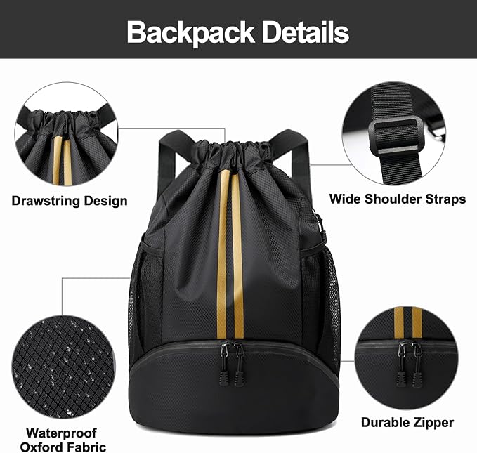 Hoedia Sports Drawstring Backpack - String Swim Gym Bag with Shoes Compartment and Wet Proof Pocket for Women&Men, Black Gold