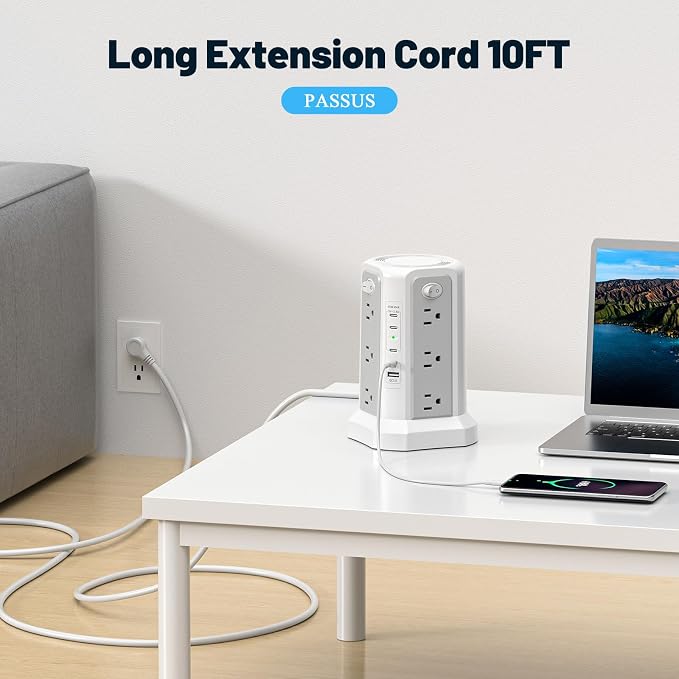 PASSUS PD 65W USB C Fast Desktop Charging Station Tower Power Strip | Surge Protector, 12 Widely Spaced AC Outlets, 4 USB C, 1 USB A, 10FT Extension Cord Overload Protection