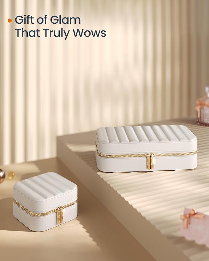 SONGMICS HOME Travel Jewelry Case with Mirror, Stitching, Portable | Jewelry box organizer, 4.1 x 4.1 x 2.4 Inches, Gift Idea, Cloud White, UJBC179W01