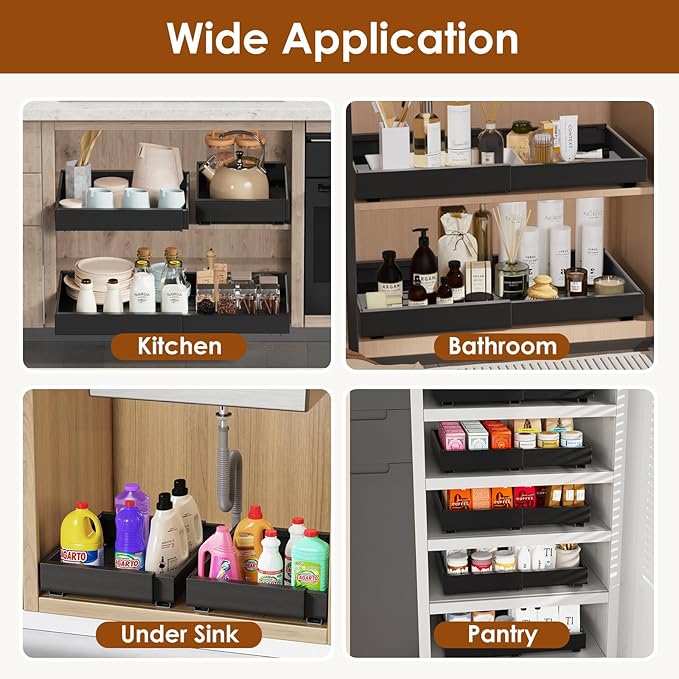 1 Pack Expandable Pull Out Cabinet Organizer 21" Deep, Adjustable Width 12.6"-20.5", No Drill Adhesive with Triple Track Rails, Heavy Duty Slide Out Drawers for Kitchen, Pantry, Cabinets,Black