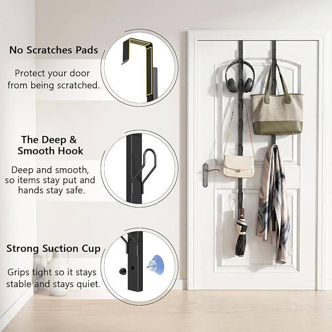 TOMIR Over The Door Hooks 2 Pack, Metal Long Hooks for Hanging, Behind Door Towel Rack, Purse, Coat Hanger, Non-Slip Pads with Suction Cups, Space-Saving Vertical Organizer, 37.2 Inches Black