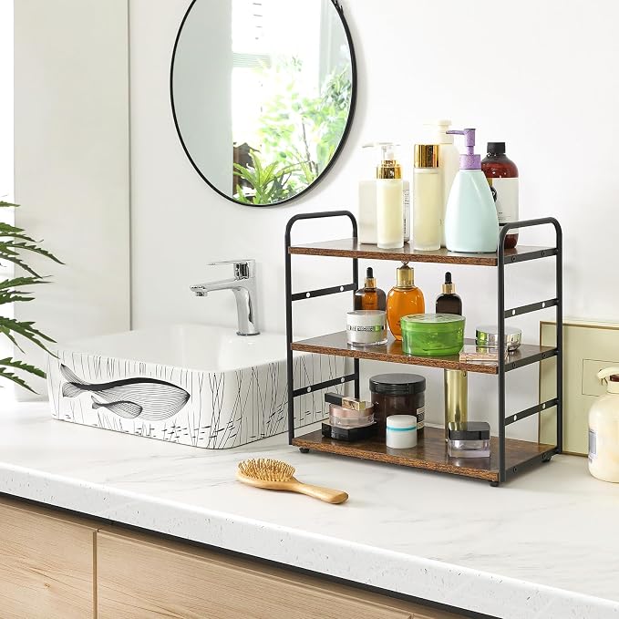 IBUYKE Kitchen Countertop Standing Storage Shelf,Set of 2,Brown TWJ001H-2 | 3-Tier Bathroom Counter Organizer Tray Countertop Storage Shelf Counter Standing Rack Cosmetic Holder