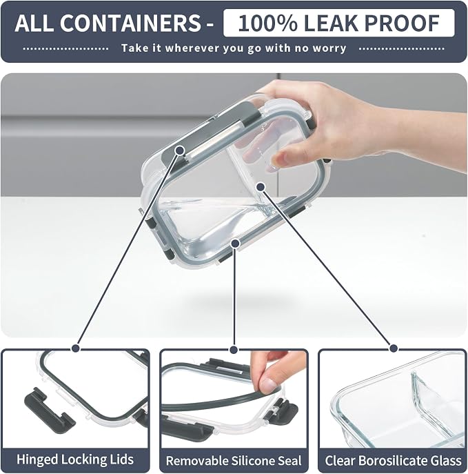 2 & 3 Compartment Glass Meal Prep Containers with Lids, Lunch Containers | Portion Control Glass Containers, Ideal for Work, Gym, On-the-Go, Lunches, Freezer to Microwave Safe