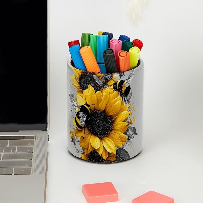 Faux Leather Pen Holder for Desk, Pencil Organizer Bee and Sunflowers Pen Cup Desk Decor Makeup Brush Holder Storage for Office Home