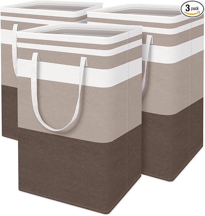 BlissTotes 3-Pack Laundry Basket, Freestanding＆Waterproof Laundry Hamper, Collapsible Tall Clothes Hamper with Easy Carry Handles for Clothes, Towels in the Family and Dorm,Gradient Khaki,88L