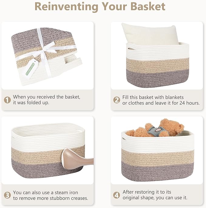 ECDYQXVU 15x10x9 Woven Cotton Rope Storage Basket, Leather Handles 3 Pack | Foldable Design, Sturdy PU Handles, Easy to Clean Organizer for Living Room, Closet, Shelves, Bedroom, Laundry, Clothes