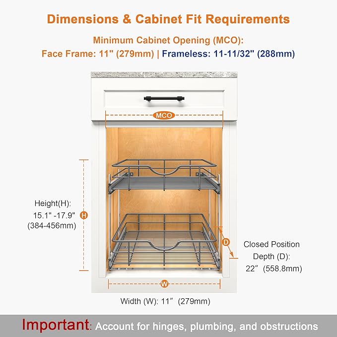 ALINE FURNITURE 2-Tier Pull Out Cabinet Organizer - 11" W x 22" D Soft Close Sliding Shelves with Shelf Liners - Pullout Drawers for Kitchen Cabinets, Pantry, Bathroom, Heavy Duty Steel Wire Baskets
