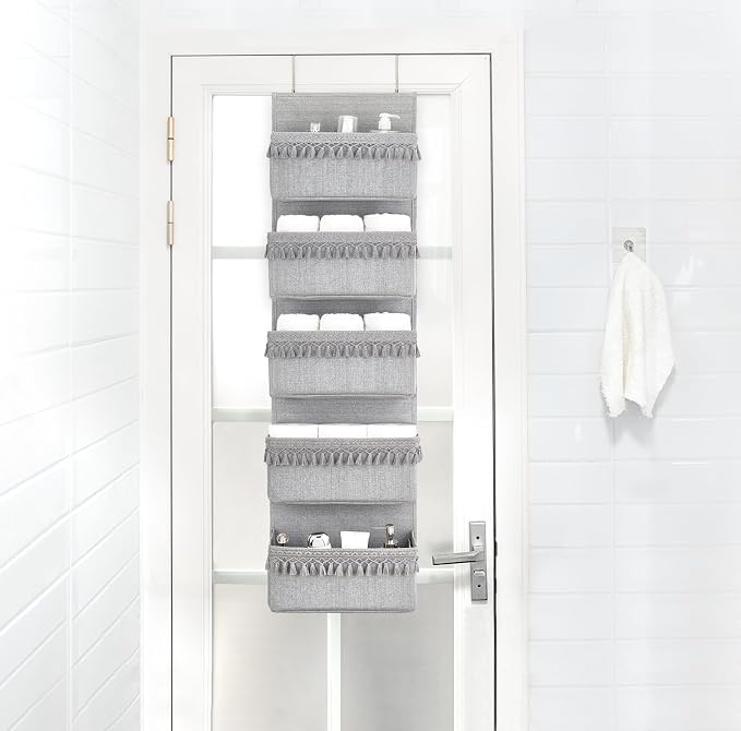 Dahey Over The Door Organizer Boho Nursery Storage Decor Closet Hanging Organizer with Tassels Decoration for Bedroom Nursery Bathroom Apartments Dorm Pantry, 5 Pockets, Grey