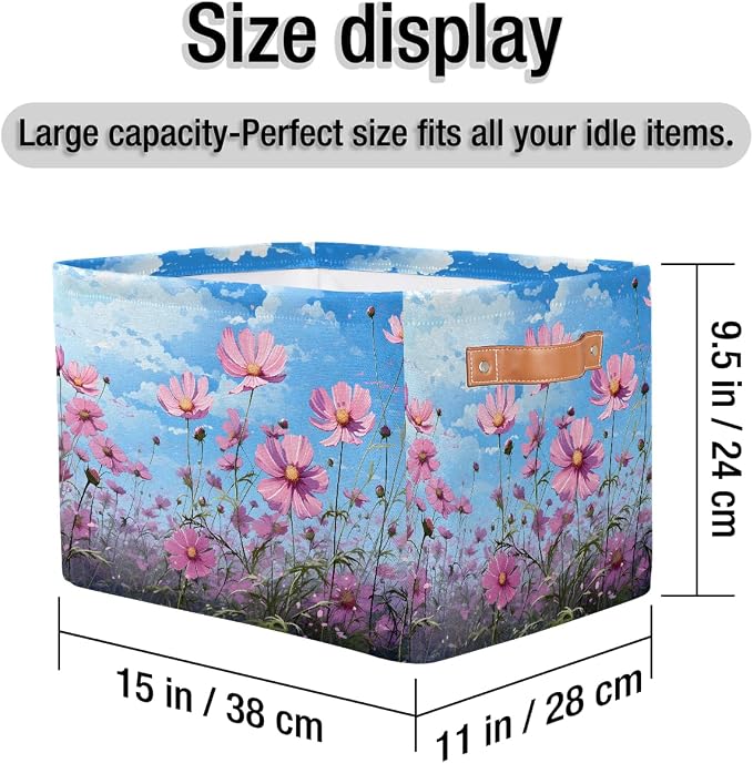 Rectangular Storage Baskets Beautiful Pink Flowers Fabric Storage Bin Toy Organizer Box with PU Leather Handles for Room Decor