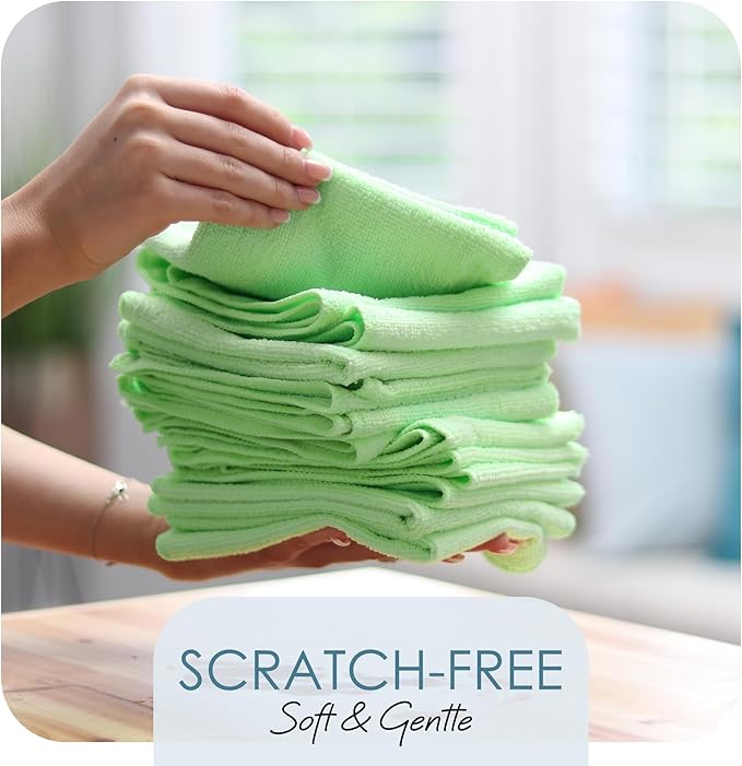 Hearth & Harbor 12 Pack Microfiber Washcloths, Green, 12"x12", Lint Free, Scratch Free, Reusable