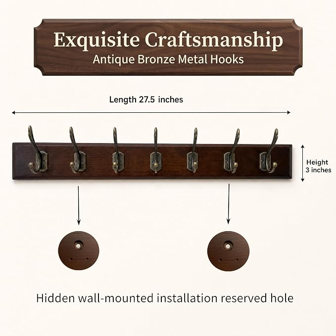 Wall Mounted Coat Rack with Solid Wood, 7 Bronze Metal Hooks – 27.56 Inch Rustic Brown Entryway Organizer for Hanging Coats, Hats, Jackets, Scarves, Bags, for Hallway, Bedroom, Bathroom（7Hooks）
