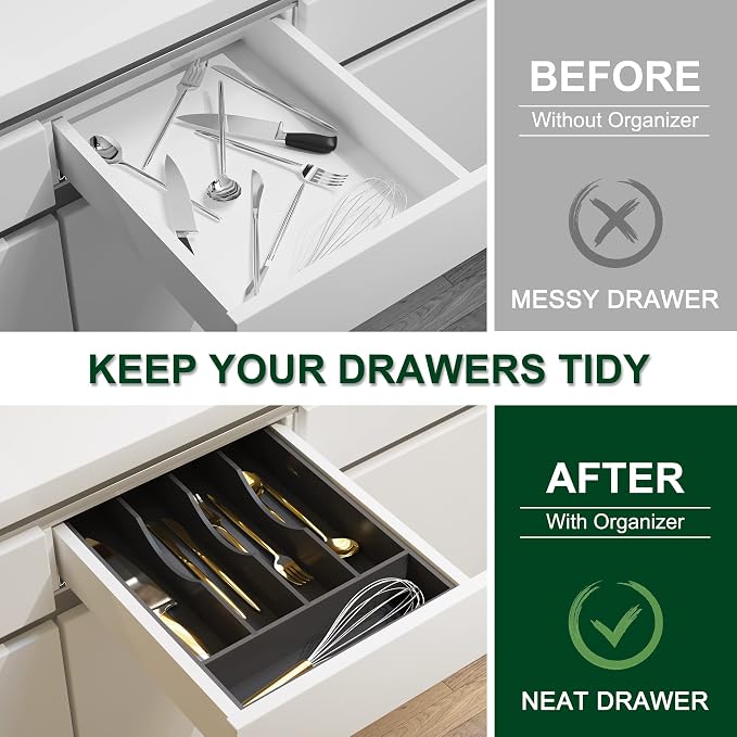 Utensil Organizer 10'' Silverware Drawer Organizer Cutlery Kitchen Bamboo | Natural Bamboo Black, 5 Compartment, Durable, Small Narrow Organizer, Silverware Tray, Utensil Holder, Silverware Organizer