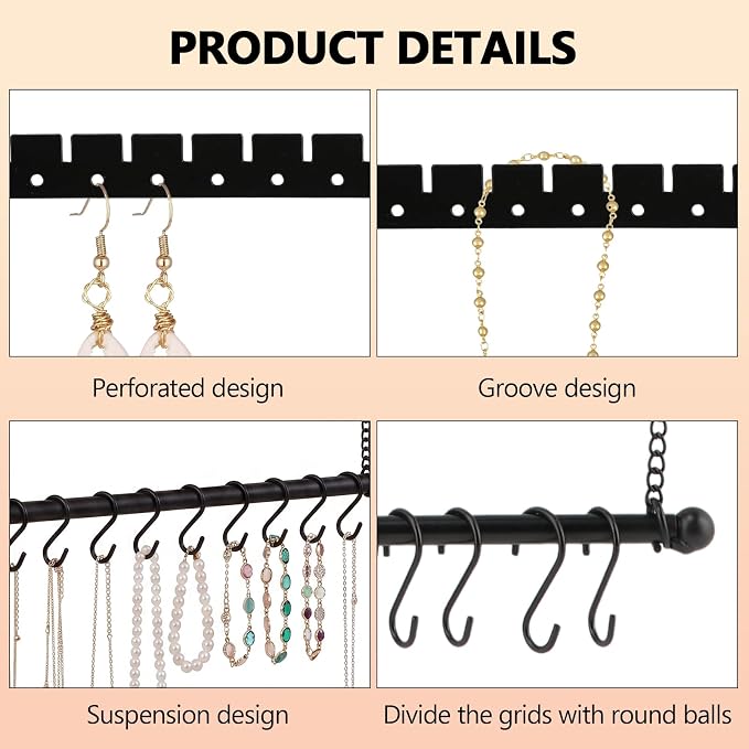 Hanging Jewelry Organizer, 5 Tier Wall Mounted Hanging Earring Holder with 10 Necklace Hooks, Adjustable Earring Display Storage with Holes and Grooves for Earrings, Necklaces, Bracelets and Rings