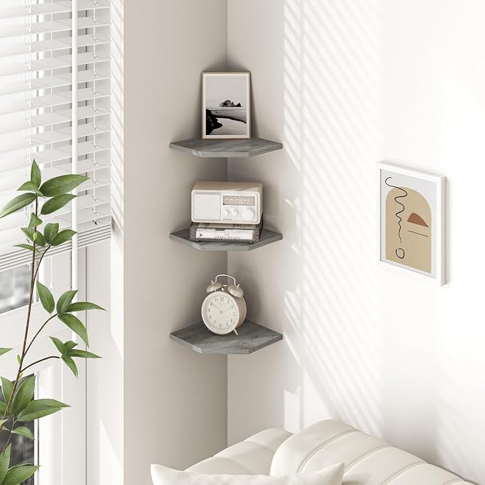 Fun Memories Corner Shelf Wall Mount, Floating Corner Shelves, Set of 6 Corner Wall Shelf Organizer, Rustic Wood Wall Storage Display Shelves for Living Room Bedroom Bathroom Kitchen, Rustic Grey