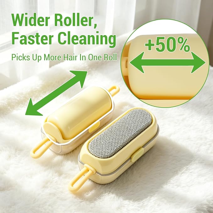 Mini Lint Brush/Roller, 2-in-1 Lint Remover, Yellow | Washable, Reusable Lint Roller, Portable Travel Size, For Pet Hair, Clothes, Carpet, Car, Includes Cleaning Brush