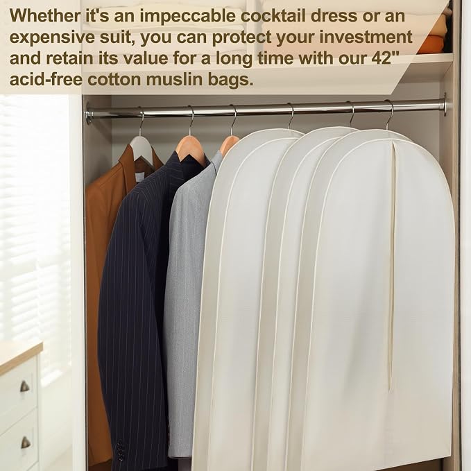 3 Pcs 42 Inch Acid Free Cotton Muslin Suit Garment Bag Long Dress Suit Storage Box Closet Organizer for Suits, Coats, Travel Bag