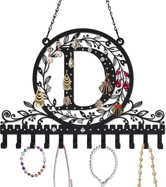 Personalized Wall Mounted Metal Initial Letter D Earring Holder Jewelry Organizer for Earrings and Necklaces Space Saving Wall Display with Hooks Jewelry Storage Bedroom Vanity Gift for Women