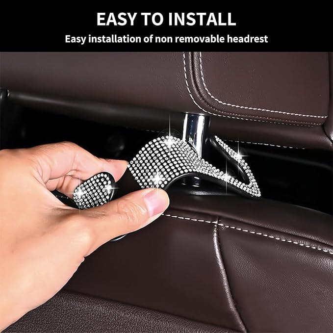 4PCS Bling Car Seat Headrest Hooks, Vehicle Back Seat Purse Handbag Hanging Holder with Crystal Rhinestone, Diamond Storage Organizer Hook,Bling Car Accessories for Women (White)