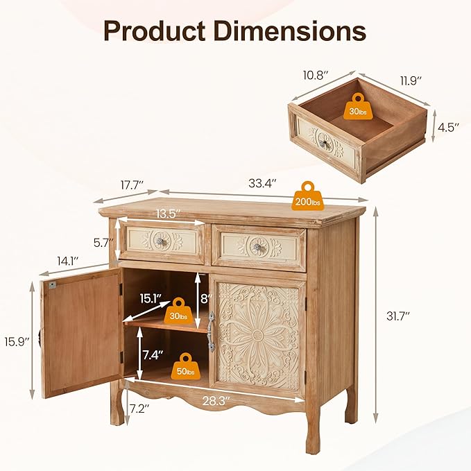 RoyalCraft Vintage Sideboard Buffet, Accent Cabinet with 2 Carved Doors and 2 Drawers, French Country Cabinets for Dining Room, Kitchen, Living Room, Hallway (Natural2, 16''D x 30''W x 30''H)