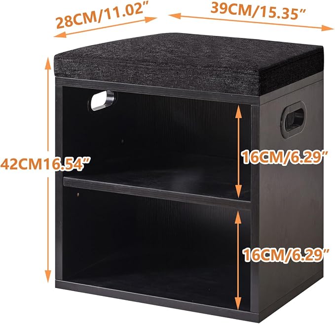 YMYNY Small Shoe Storage Bench with Cushion, Black, HBD028B | 2 Tier Entryway Bench with Storage, Small Shoe Rack Bench with Adjustable Shelf for Entryway 11 x 15.3 x 16.5 Inches
