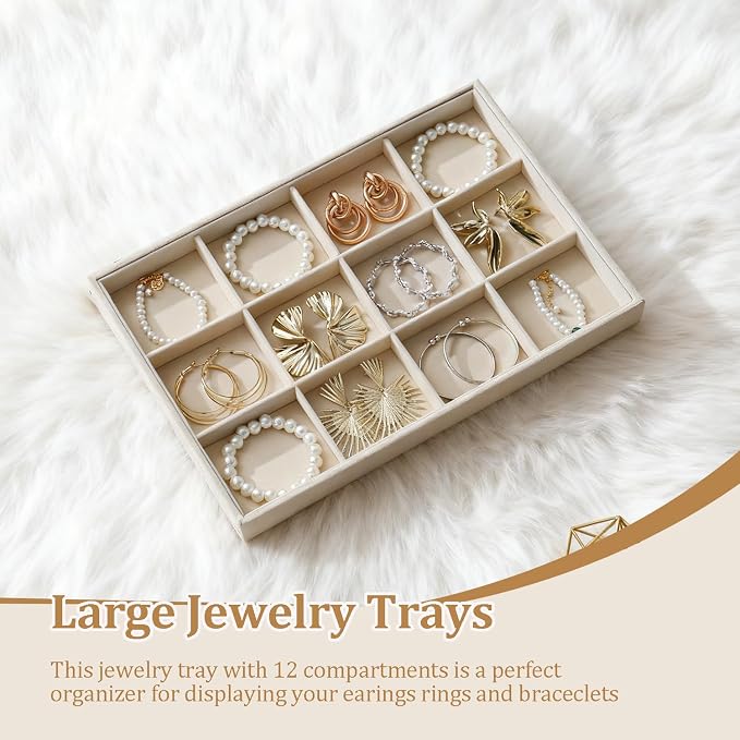 Large Jewelry Organizer for Drawer Insert Velvet Stackable Jewelry Trays for Earring Necklace Bracelet Ring Display (Beige, 12 Grids)