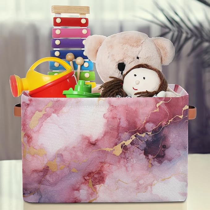 Rectangular Storage Baskets Abstract Pink Marble Fabric Storage Bin Toy Organizer Box with PU Leather Handles for Room Decor