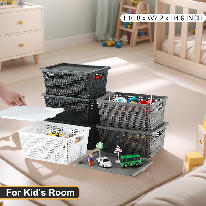 Storage Bins with Lids | Plastic Storage Baskets with Lids for Office Organization,Stackable Organizing Bins with Latching Design, Easy-Clean Boxes for Home, Office, Toys & Classroom Supplies, 6 packs