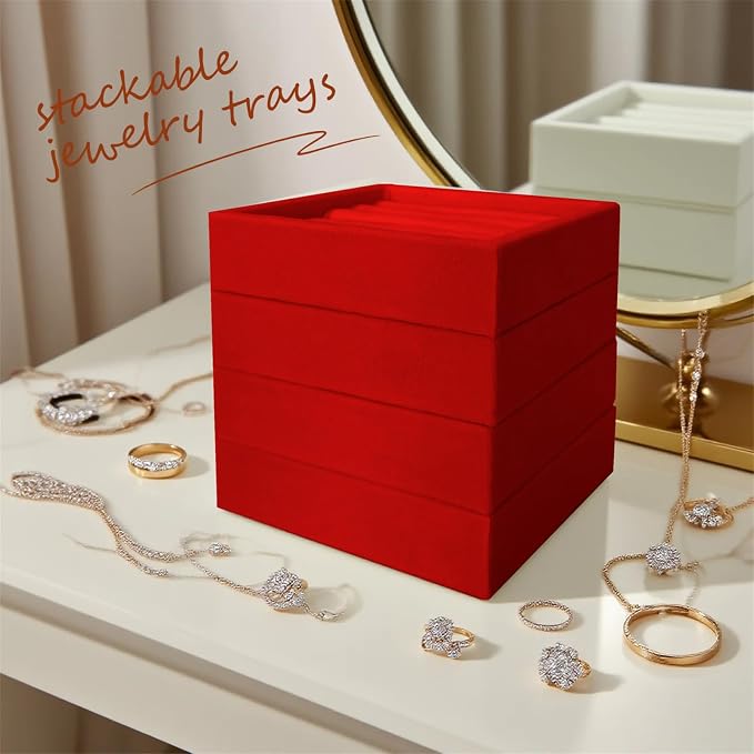 SCIKHETF Velvet Ring Earrings Studs organizer Tray Small Ring Insert Display Tray 5 Slots Stackable (Red)