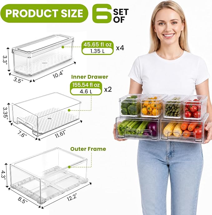 6Pack Fridge Organizers and Storage,Stackable Fridge Organizer Bins with Lids, 2 Pull Out Fridge Organizers and 4 Storage Container with Drain Tray for Fruits, Vegetables, Drinks, Snack and Food