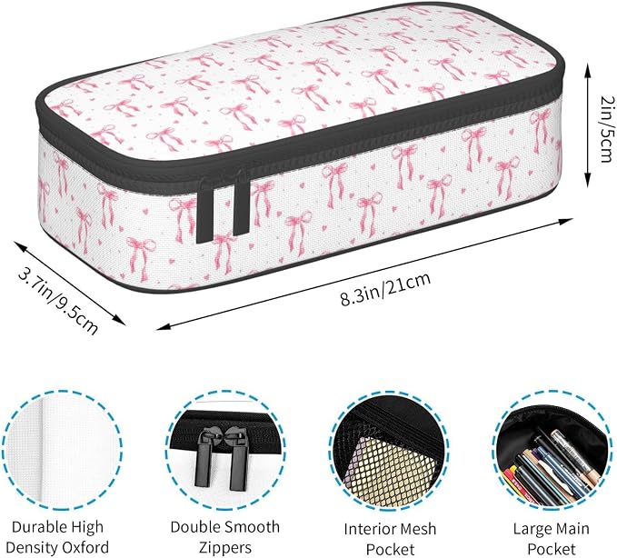 Pink Bow Large Pencil Case for Girls Boys, Pencil Pouch Pen Bag Kids Teen | Big Capacity with Flip Top Zipper Stationery Organizer Storage Back to School Supplies for School Office College Student