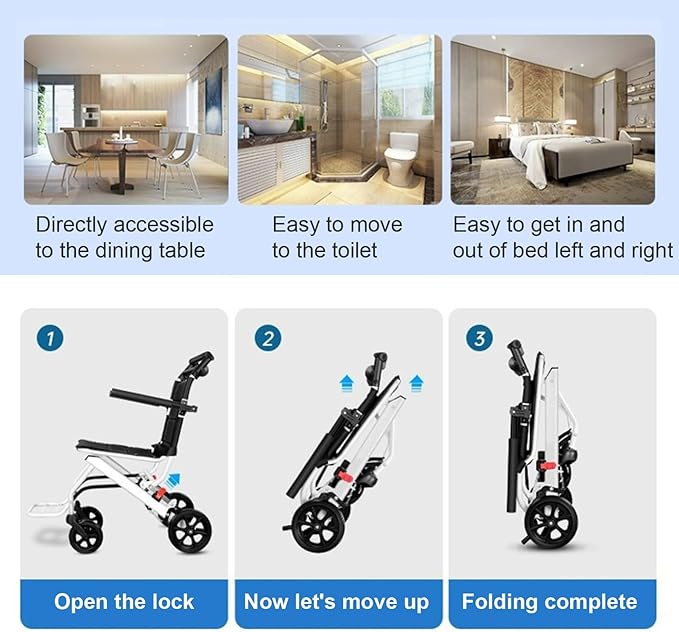 cdar Lightweight Transport Wheelchair, Aluminum Alloy Foldable Wheelchairs for Adults, Portable Transportation Travel Wheelchairs, Outdoor Collapsible Wheelchair, Bearing 200lbs White