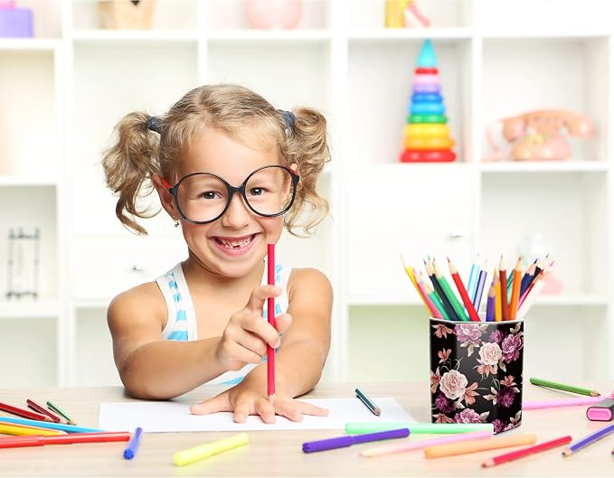 Pen Holder, Pencil Holder for Desk Floral Pattern Pencil Cup for Girls Kids Durable Ceramic Desk Organizer Makeup Brush Holder for Office, Classroom, Home, Black Flower