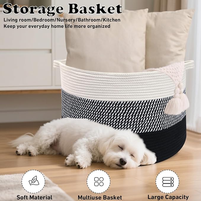 90L Extra Large Blanket Basket,Woven Rope Laundry Basket Hamper with Handles, Decorative Nursery Basket Storage Bin for Toys, Clothes Organizer, Living Room, Bedroom, Bathroom, Black