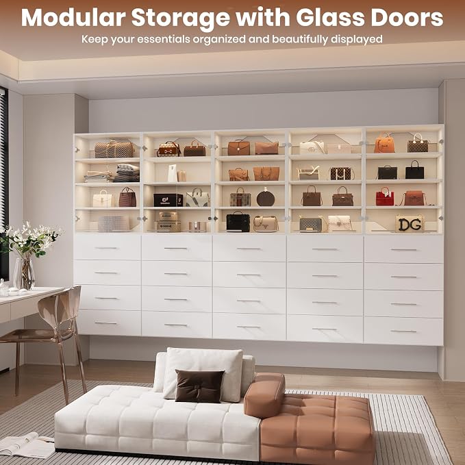 ROOMTEC 31.5" Shoe Shlef Tower Wardrobe Closet with Clear Glass Doors, Wall Mounted Modular Closet System, Clothes Storage Unit for Bedroom or Walk-in Closet, White