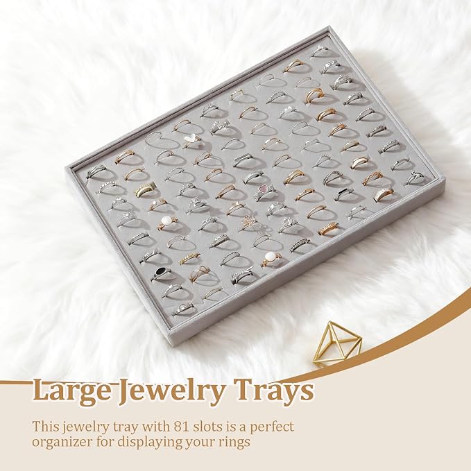 Large Jewelry Organizer for Drawer Insert Velvet Stackable Jewelry Trays for Earring Necklace Bracelet Ring Display (Gray, Ring 81 Slots)