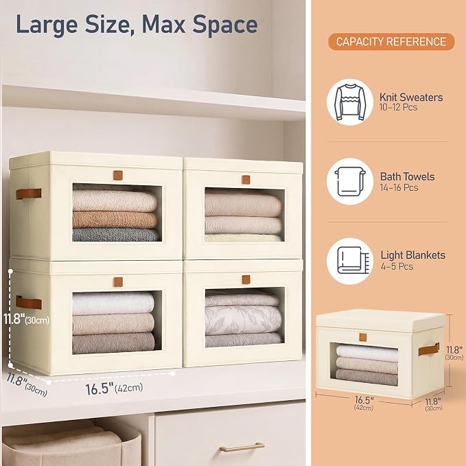 DIMJ Storage Bins with Lids - 4 Pack Front Opening Stackable Fabric Storage Boxes with Clear Window & Handles, Collapsible Closet Organizers for Clothes, Sweaters, Shelf Storage, Bedroom, Beige