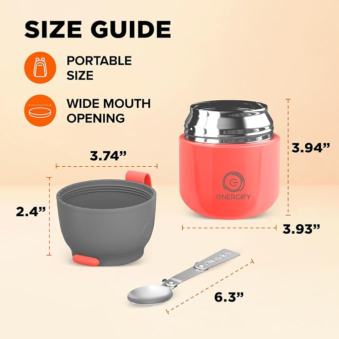 Vacuum Insulated Food Jar. Large 12oz Bowl incl. Folding Spoon, Cup. Wide Mouth Keep Hot & Cold Drinks Soup Lunch Container for Adults. BPA-Free Stainless Steel, Leak Proof Fusion Coral
