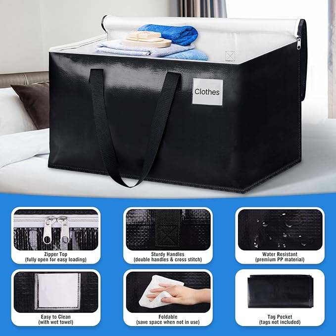 BlissTotes Moving Bags, Heavy Duty Moving Boxes with Zippers Top and Sturdy Handles, Storage Bags for Space Saving and Packing, Collapsible Moving Supplies, Storage Totes (125L, 8-Pack, Black)