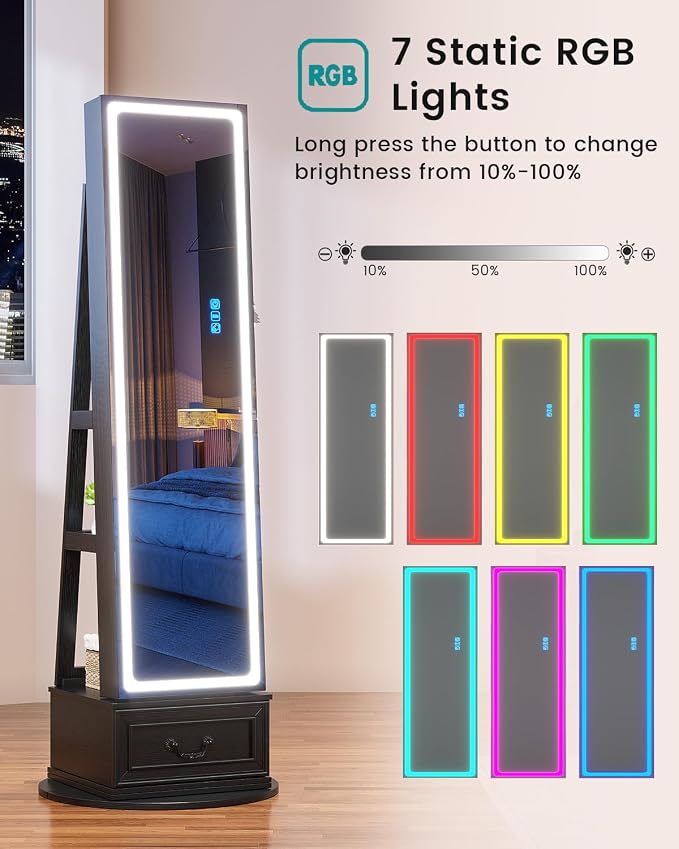 Vlsrka Jewelry Armoire with Full Length LED Mirror, 360° Swivel, Black | Standing Mirror with Storage, Lockable Jewelry Cabinet with Touch Screen & RGB Modes for Small Bedroom Spaces, Gift for Women