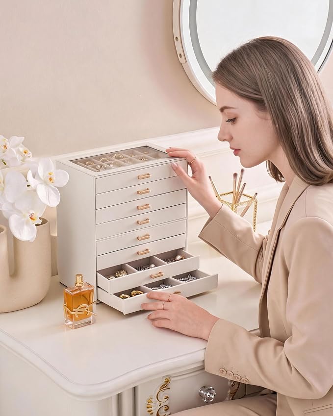 Lolalet Earring Organizer, Jewelry Box with Clear Lid -Beige, 8 Layer | PU Leather, Velvet, Removable Dividers, Dustproof, Easy Clean, For Studs Rings, Gift for Women Girls, Home Aesthetic Decor