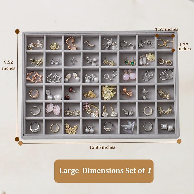 Large Jewelry Organizer for Drawer Insert Velvet Stackable Jewelry Trays for Earring Necklace Bracelet Ring Display (Gray, 48 Grids)
