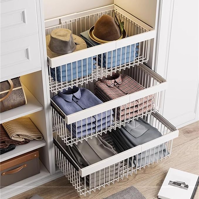 Pull Out Basket Drawer with Runners,Metal Under Shelf Storage Basket,Stackable Storage Bins,Adjustable Width 33-117cm,for Wardrobe Organization(Width 46-70cm)