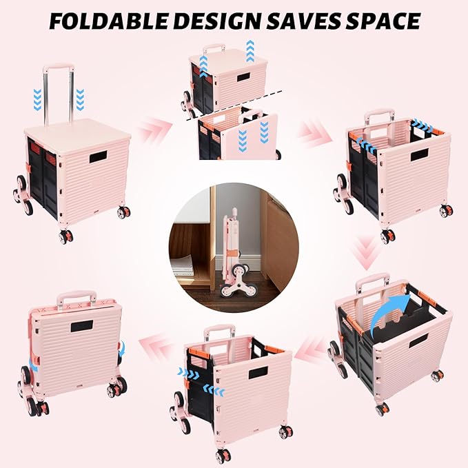 FELICON SELORSS Folding Utility Cart Portable Rolling Crate Handcart with Stair Climbing Wheels&360°Swivel Wheels Telescoping Handle Plastic Box Dolly for Travel Shop Move Office Teacher Use(Pink)