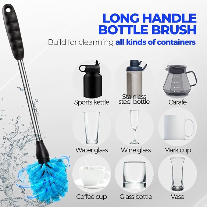 Holikme 6 Pack Bottle Brush 14" Stainless Steel Straw Cleaner Brush,Blue | Bottle Cleaner Brush, 3 Straw, Bottle Cleaning Brush for Water Bottle, Baby Bottle Brush, Antistatic Brushes