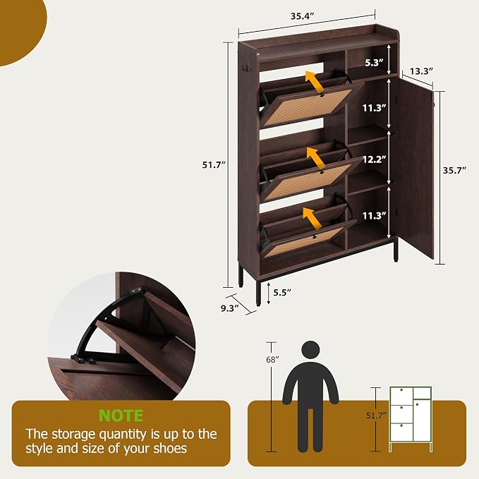 Garvee Shoe Cabinet with 3 Flip Drawers, Freestanding Shoe Organizer with 4-Tier Shoe Storage Cabinet and Adjustable Shelf & Rattan Doors,Narrow Shoe Rack Cabinet for Entryway, Closet, Hallway