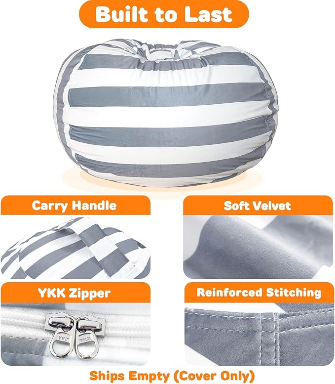 Lukeight Stuffed Animals Storage Bean Bag Chair Cover Only (Ships Empty, No Filling) - Velvet YKK Zipper Beanbag Cover for Toddlers and Kids, Washable Plush Toy Organizer, Large 27" D x 16" H