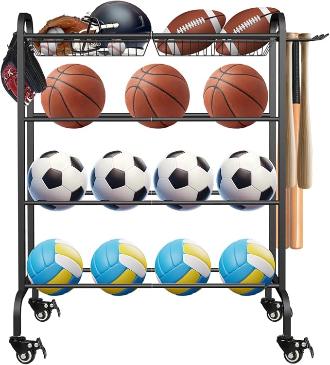 Basketball Racks Holder for Balls with Wheels, Rolling Metal Sports Equipment Storage Stand Organizer with Baskets and Hooks for Basketballs Footballs Volleyball, Black