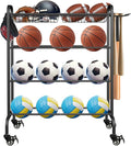 Basketball Racks Holder for Balls with Wheels, Rolling Metal Sports Equipment Storage Stand Organizer with Baskets and Hooks for Basketballs Footballs Volleyball, Black